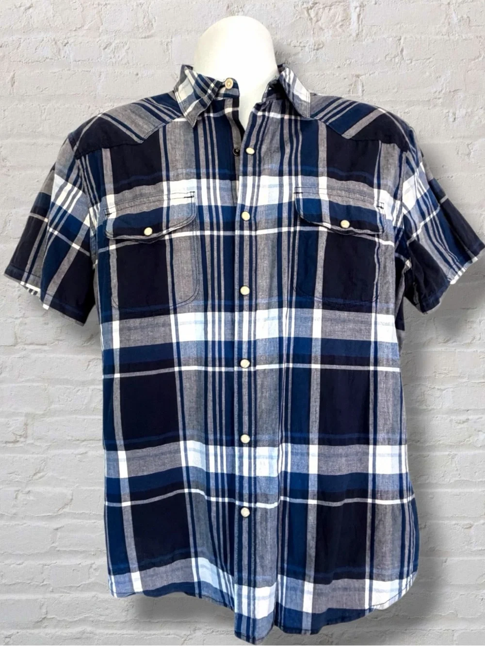 Lucky Brand Mens L Blue Plaid Short Sleeve Western Yoke Button Down Shirt